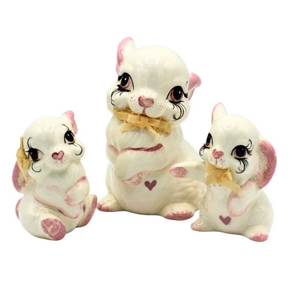 Vintage Bunny Rabbit Family Figurines Hand Painted Les Trois Paulettes Ceramics - Picture 1 of 9